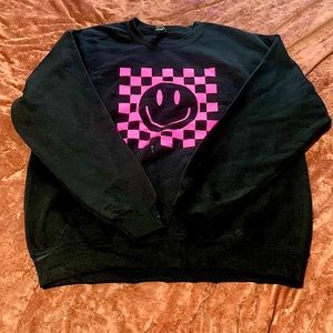 Large Black Sweatshirt W/ Checkerboard & Smiley Face Hot Pink Vinyl Design
